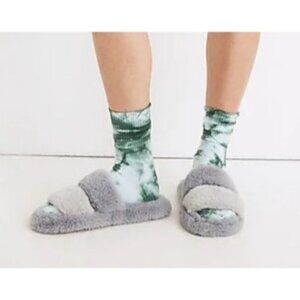 Madewell 8 Faux Fur Lined Slippers‎ Gray Blue Two Strap Scuff Slippers